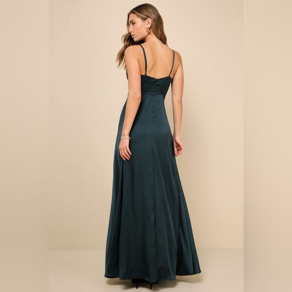 Lulus Ode To Love Emerald Green Satin Maxi Dress Sz S Spaghetti straps - Picture 2 of 12